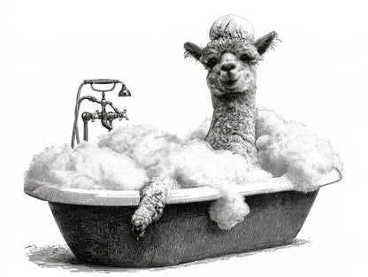 Œuvre complète du poster alpaga bain moussant noir et blanc, vue fidèle du visuel