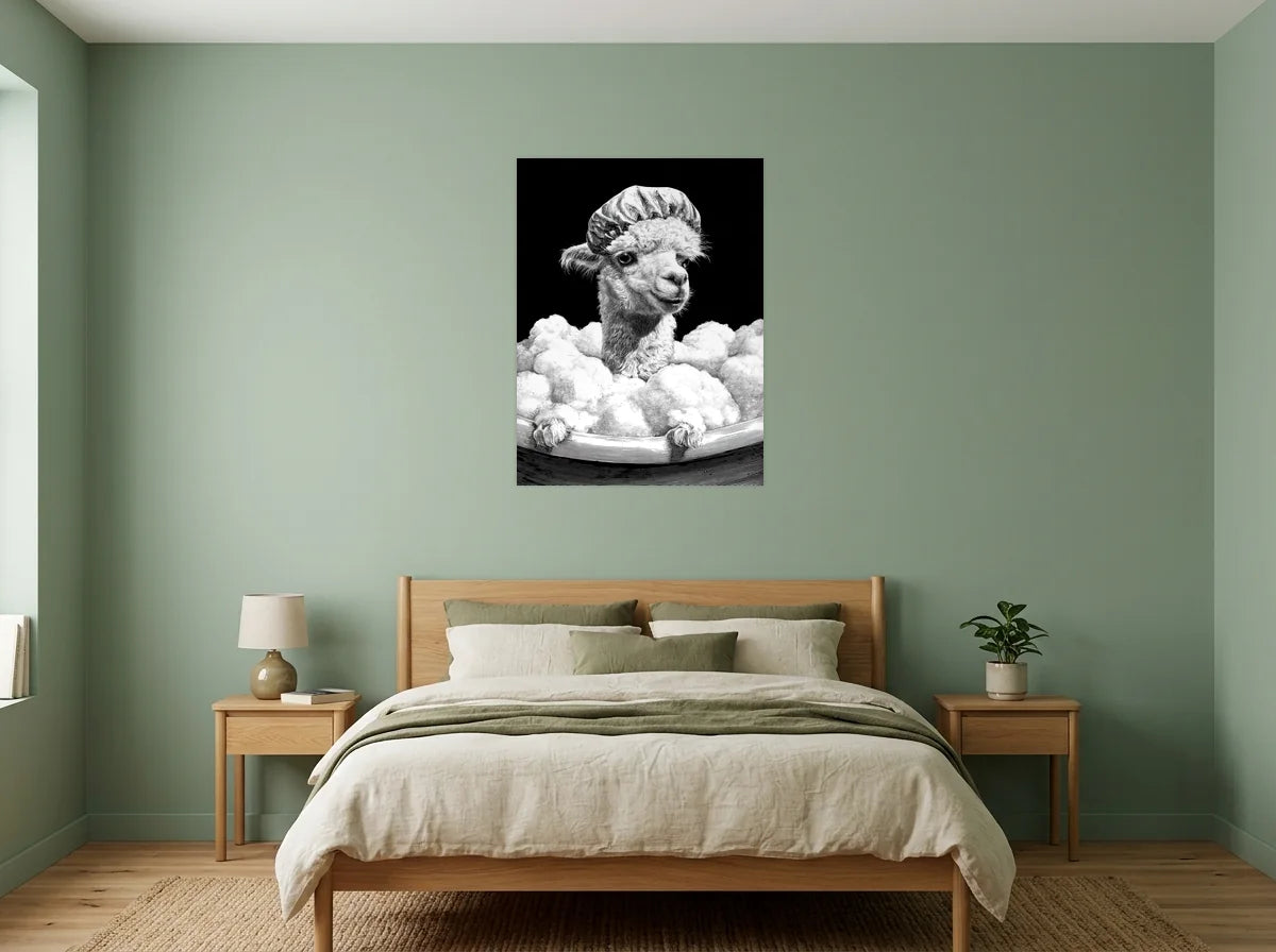 Poster alpaga bain moussant portrait noir et blanc sans cadre, présenté dans un intérieur coloré