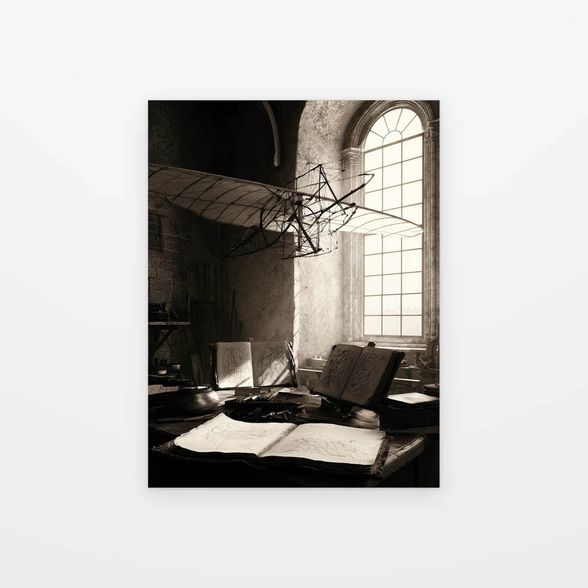 Visuel du poster atelier de léonard noir et blanc présenté seul sur fond blanc, aperçu de l’œuvre imprimée