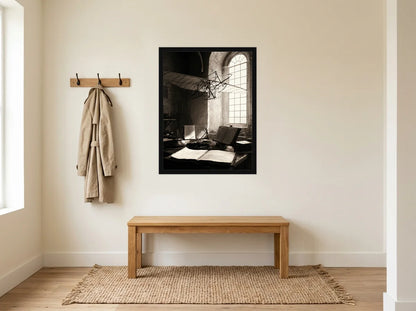 Poster atelier de léonard noir et blanc encadré noir, mis en scène dans : entrée crème avec banc en bois