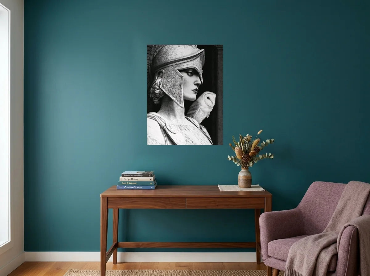 Poster athéna et la chouette noir et blanc sans cadre, présenté dans : bureau aux murs bleu canard