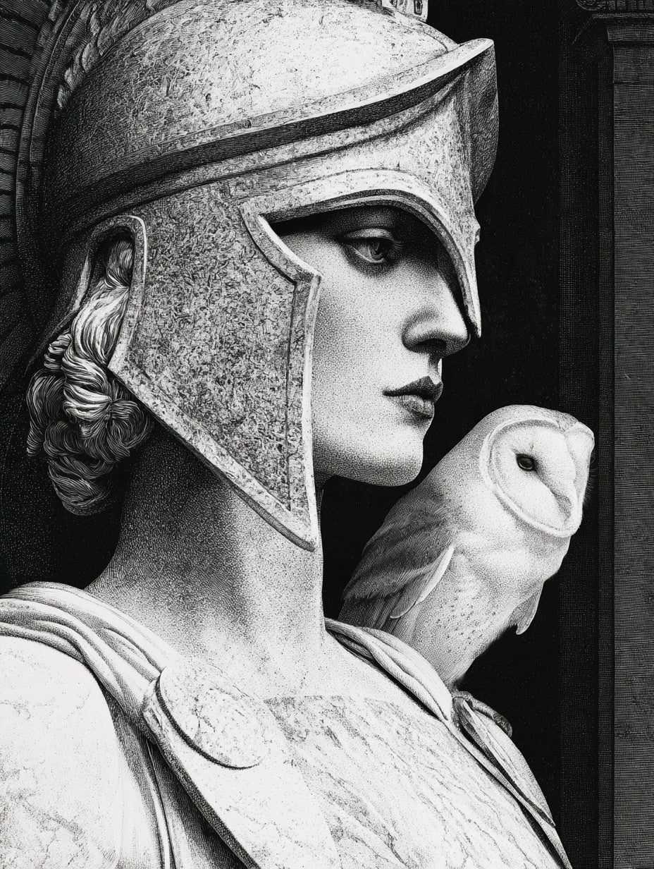 Œuvre complète du poster athéna et la chouette noir et blanc, vue fidèle de l’illustration