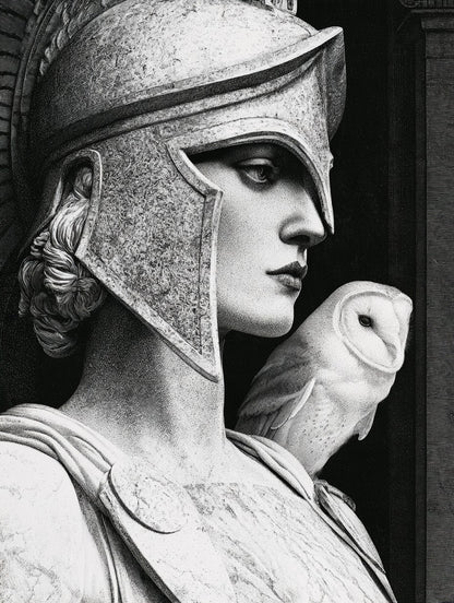 Œuvre complète du poster athéna et la chouette noir et blanc, vue fidèle de l’illustration