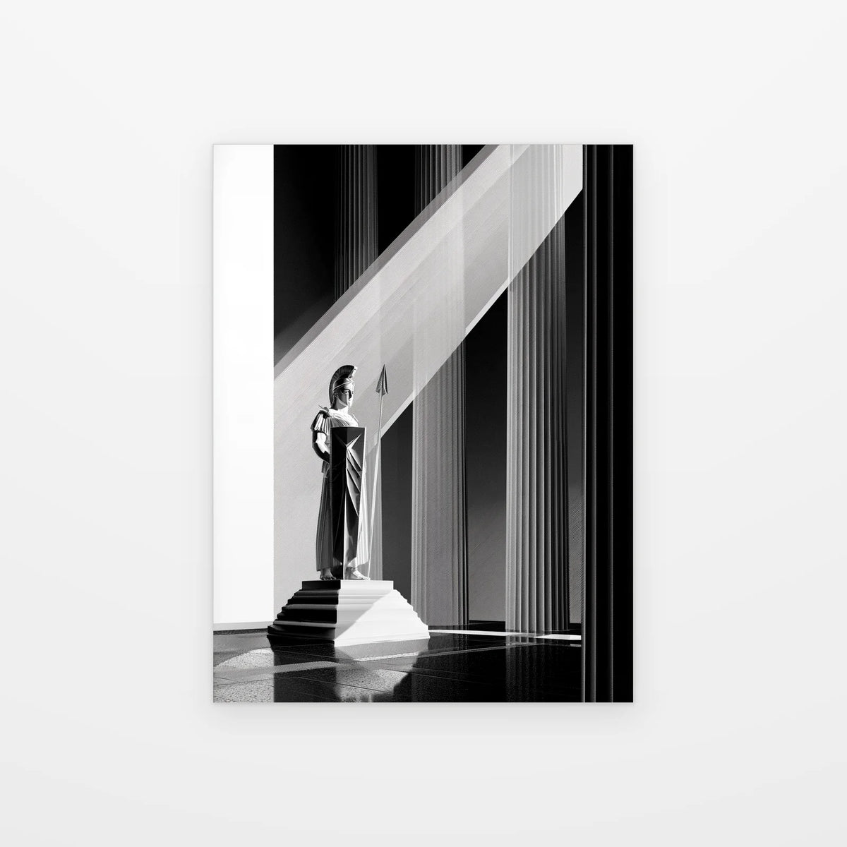 Poster Affiche Athéna dans la Lumière noir et blanc présenté seul sur fond blanc, aperçu de l’œuvre imprimée