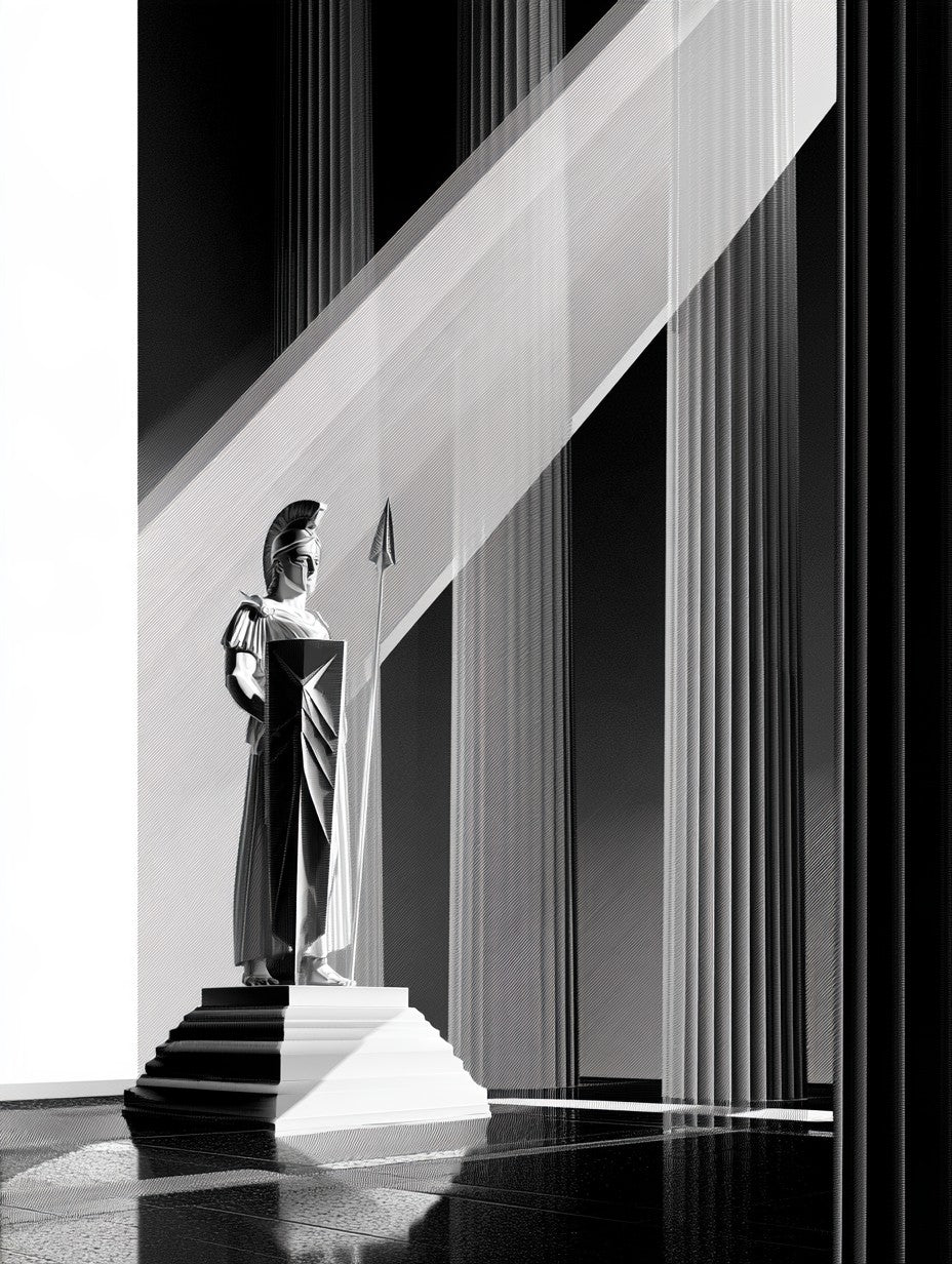 Œuvre du poster Athéna dans la Lumière noir et blanc, vue complète et fidèle du dessin imprimé