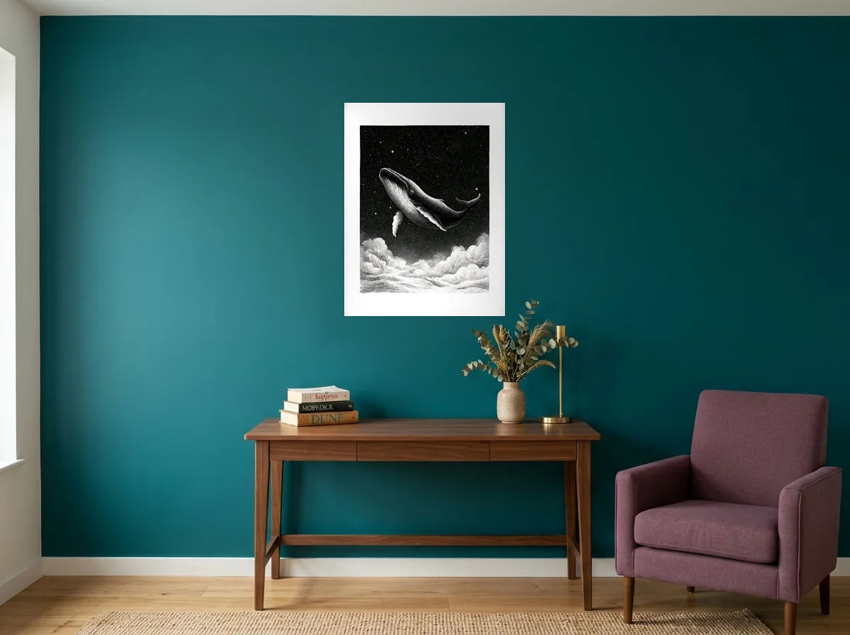 Poster baleine au-dessus des nuages noir et blanc sans cadre, présenté dans : bureau aux murs bleu canard