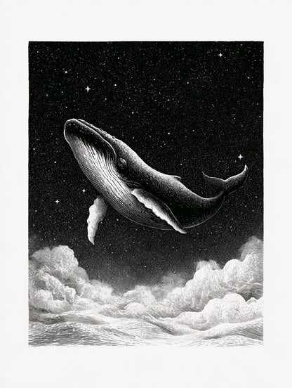 Œuvre du poster baleine au-dessus des nuages noir et blanc, vue complète et fidèle du visuel