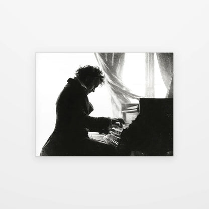 Poster Beethoven au Piano noir et blanc présenté seul sur fond blanc, vue complète de la scène musicale