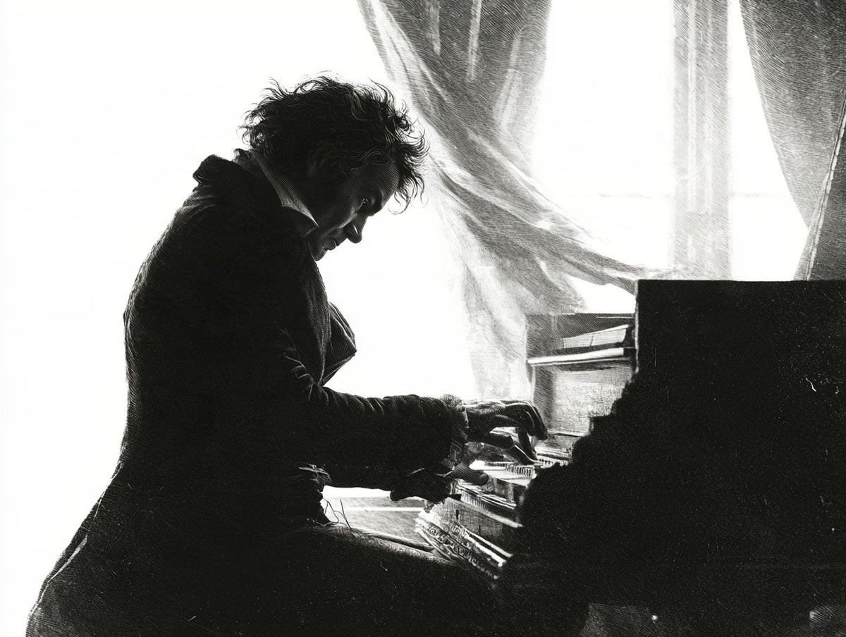 Illustration du poster Beethoven au Piano noir et blanc, musicien de profil devant une fenêtre