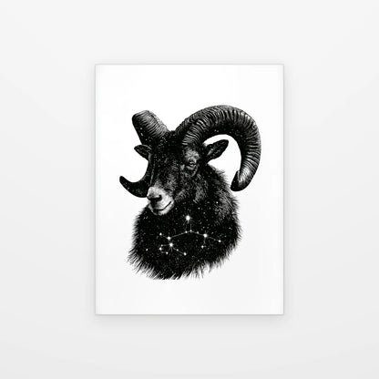 Poster Bélier Étoilé noir et blanc présenté seul sur fond blanc, aperçu de l’œuvre imprimée