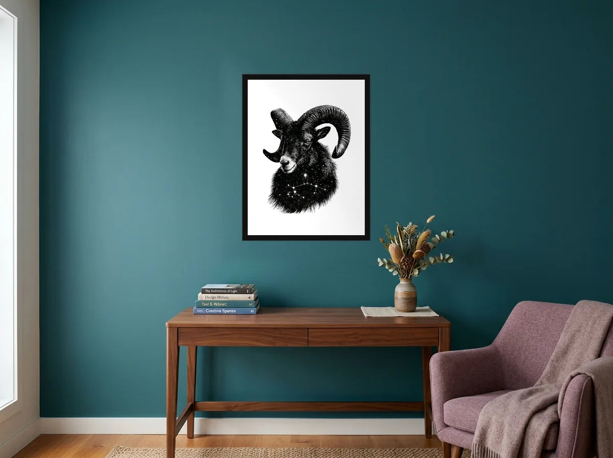 Poster Bélier Étoilé noir et blanc encadré noir, présenté dans : bureau aux murs bleu canard
