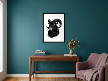 Poster Bélier Étoilé noir et blanc encadré noir, présenté dans : bureau aux murs bleu canard