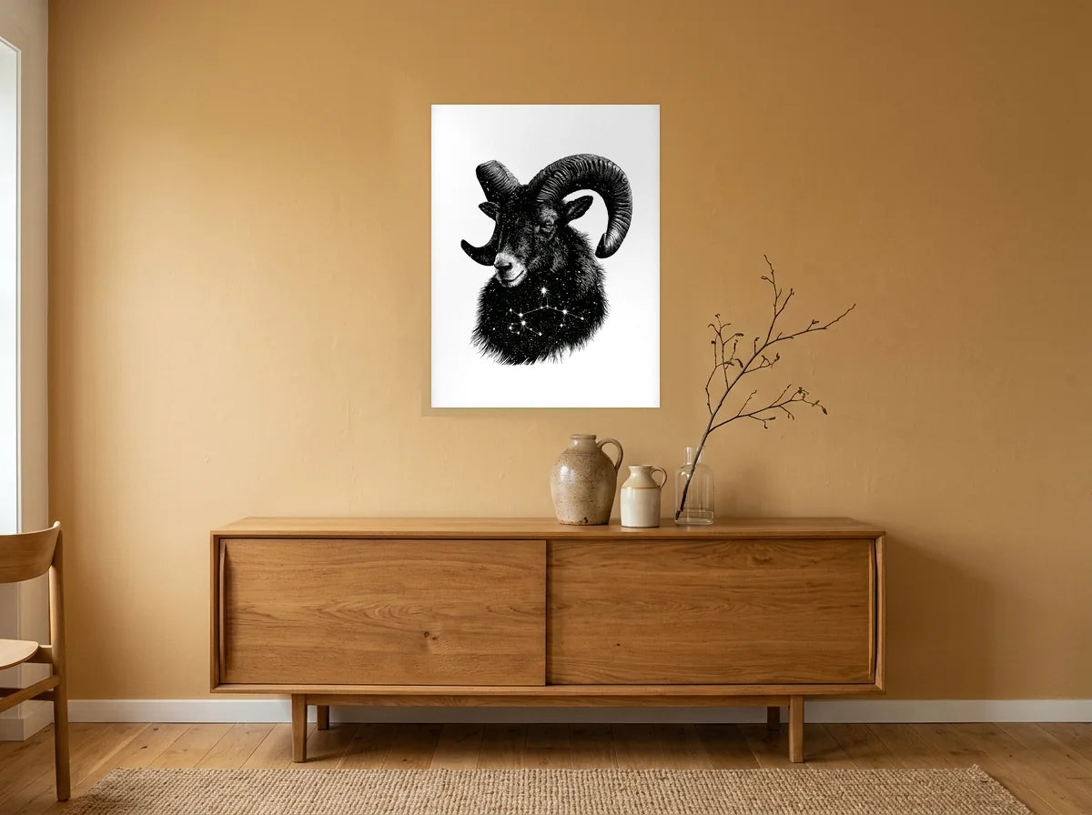 Poster Bélier Étoilé noir et blanc sans cadre, présenté dans : salle à manger aux murs ocre