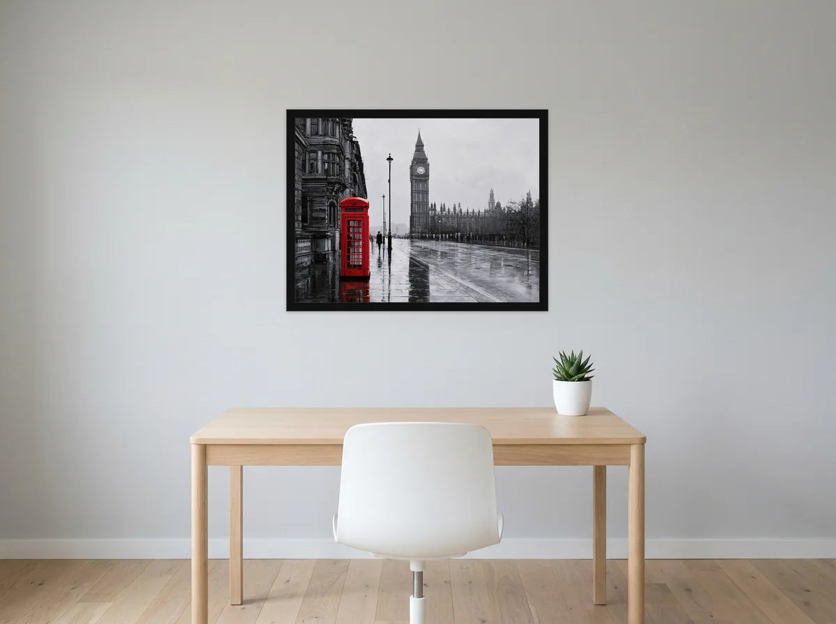 Poster Big Ben et cabine rouge noir et blanc encadré noir, présenté dans un bureau gris clair lumineux