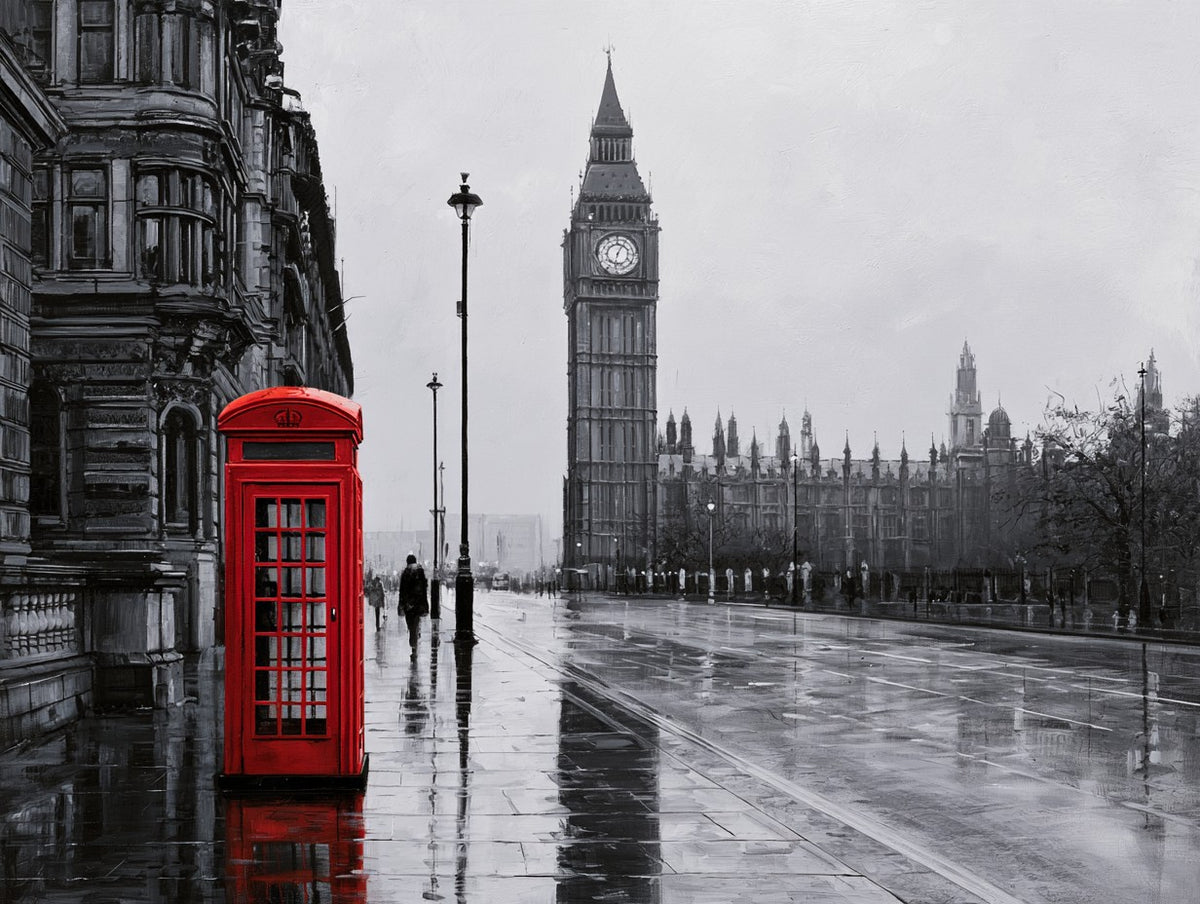 Illustration du poster big ben et cabine rouge noir et blanc, vue fidèle de l’œuvre