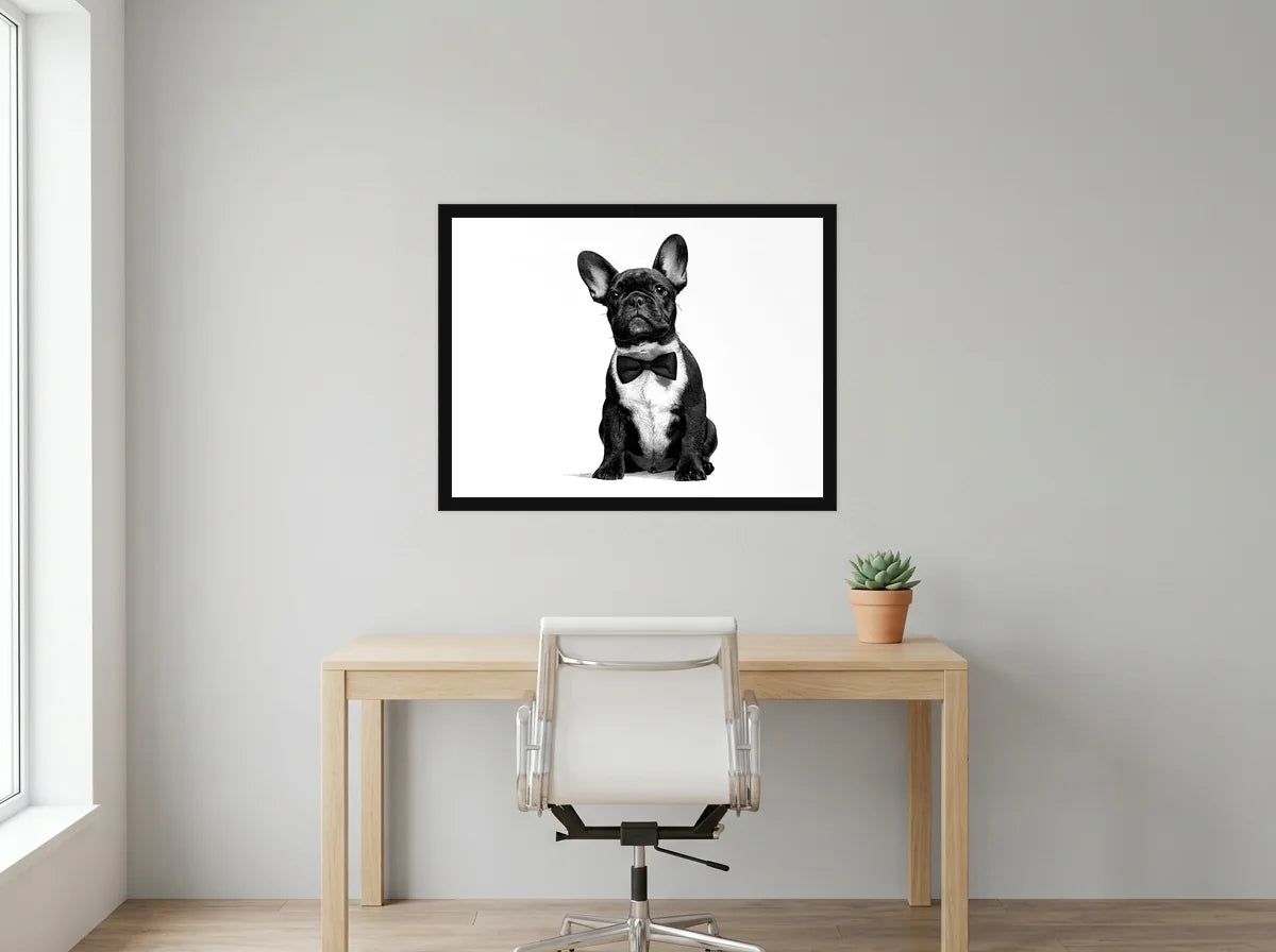 Poster bouledogue assis au nœud papillon noir et blanc encadré noir, présenté dans : bureau gris clair lumineux
