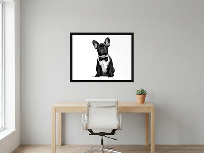 Poster bouledogue assis au nœud papillon noir et blanc encadré noir, présenté dans : bureau gris clair lumineux