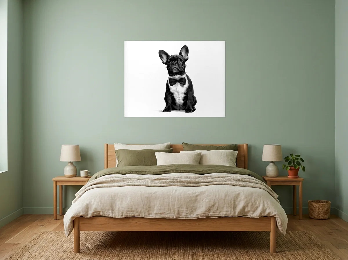 Poster bouledogue assis au nœud papillon noir et blanc sans cadre, présenté dans : chambre aux murs vert sauge