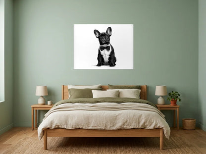Poster bouledogue assis au nœud papillon noir et blanc sans cadre, présenté dans : chambre aux murs vert sauge