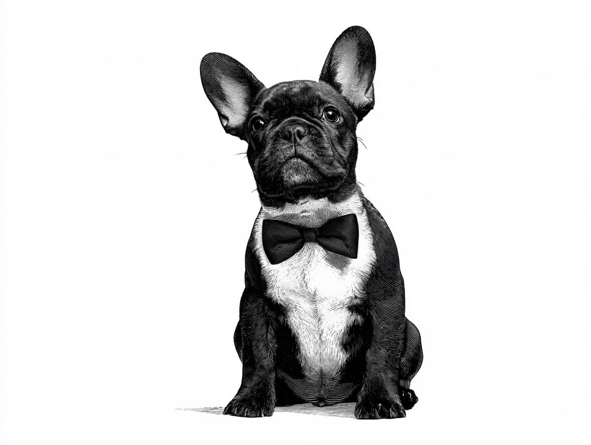 Illustration du poster bouledogue assis au nœud papillon noir et blanc, vue complète et fidèle de l’œuvre