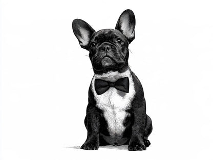 Illustration du poster bouledogue assis au nœud papillon noir et blanc, vue complète et fidèle de l’œuvre