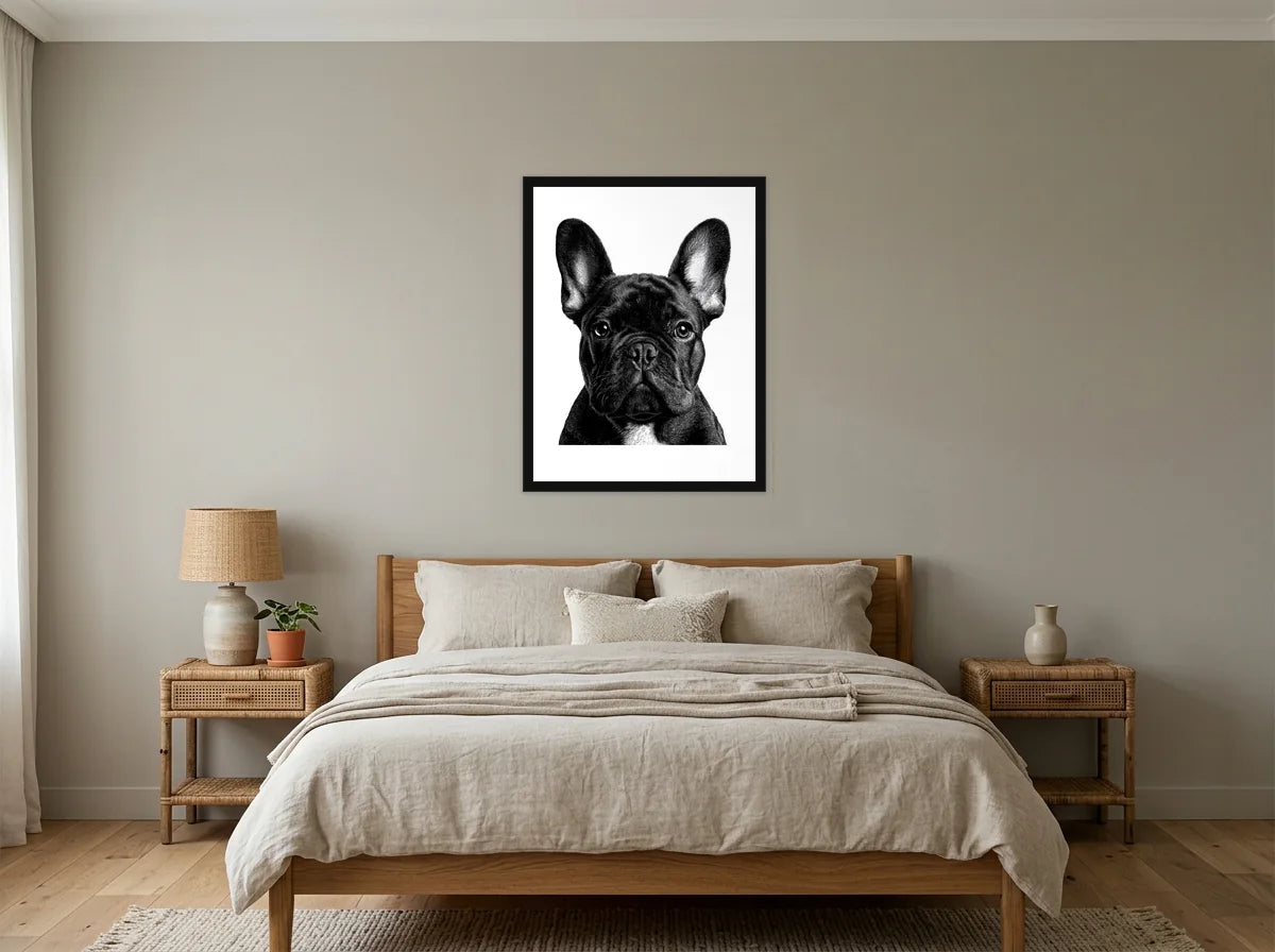Poster bouledogue aux grandes oreilles noir et blanc encadré noir, présenté dans : chambre aux tons lin et grège