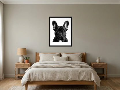 Poster bouledogue aux grandes oreilles noir et blanc encadré noir, présenté dans : chambre aux tons lin et grège
