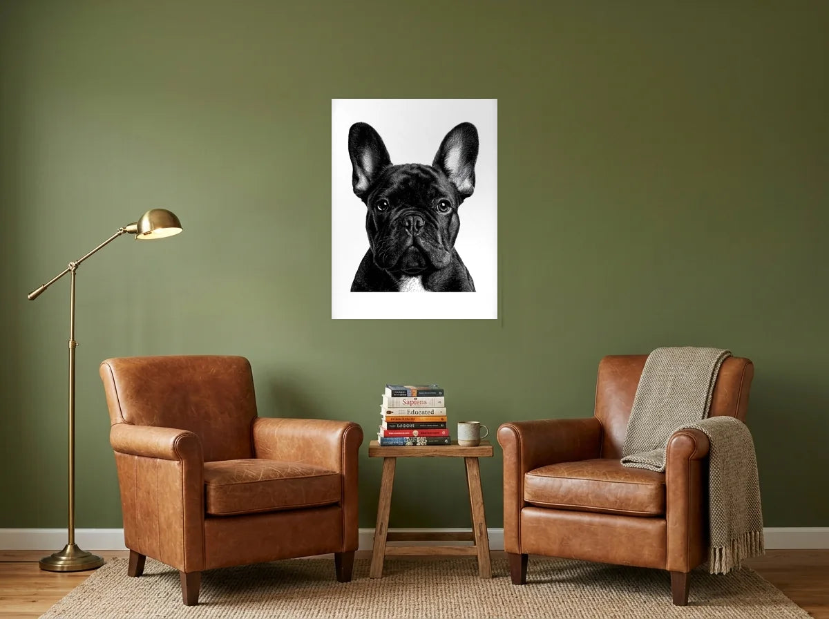 Poster bouledogue aux grandes oreilles noir et blanc sans cadre, présenté dans : coin lecture aux murs vert olive