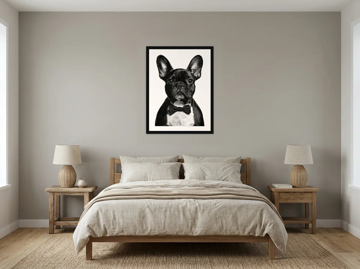 Poster bouledogue au nœud papillon noir et blanc encadré noir, présenté dans : chambre aux tons lin et grège