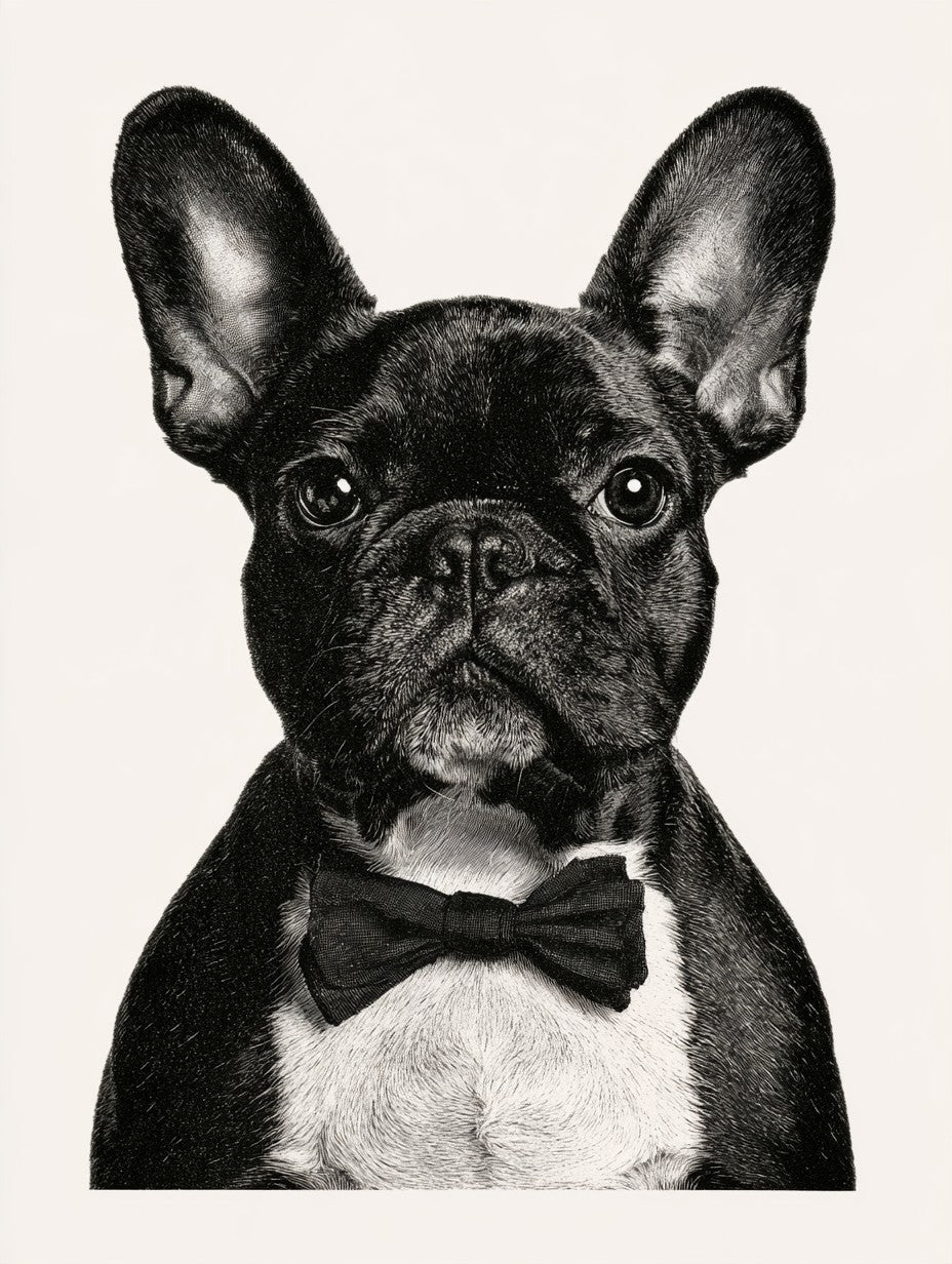 Œuvre du poster bouledogue au nœud papillon noir et blanc, vue complète et fidèle du visuel