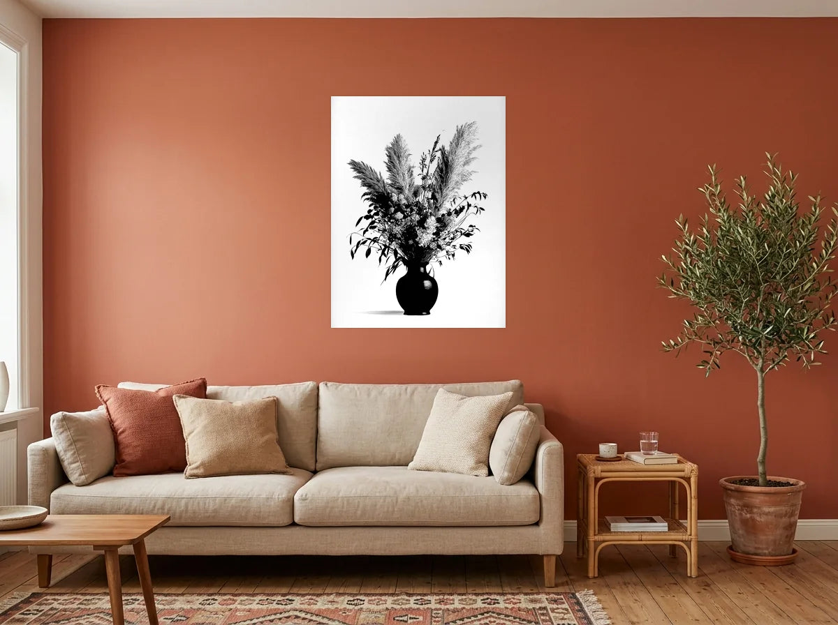 Poster bouquet de fleurs séchées noir et blanc sans cadre, présenté dans un salon aux murs terracotta