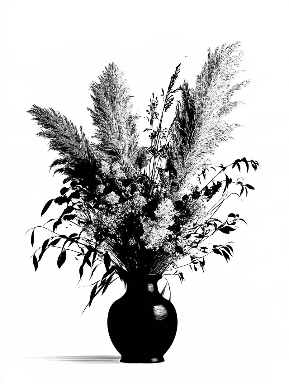 Illustration du poster bouquet de fleurs séchées noir et blanc, vue fidèle de l’œuvre
