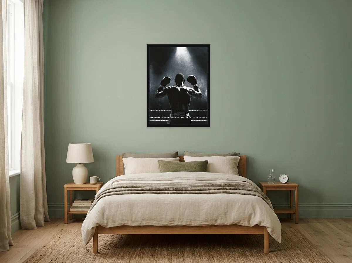 Poster boxeur dans le ring noir et blanc encadré noir, présenté dans une chambre aux murs vert sauge