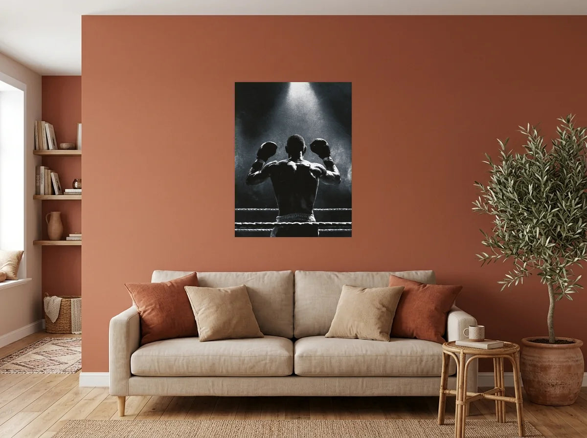 Poster boxeur dans le ring noir et blanc sans cadre, présenté dans un salon aux murs terracotta