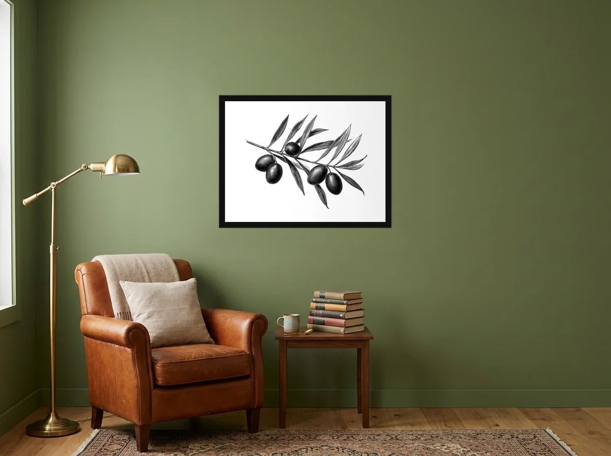 Poster Branche d’Olivier noir et blanc encadré noir, présenté dans : coin lecture aux murs vert olive