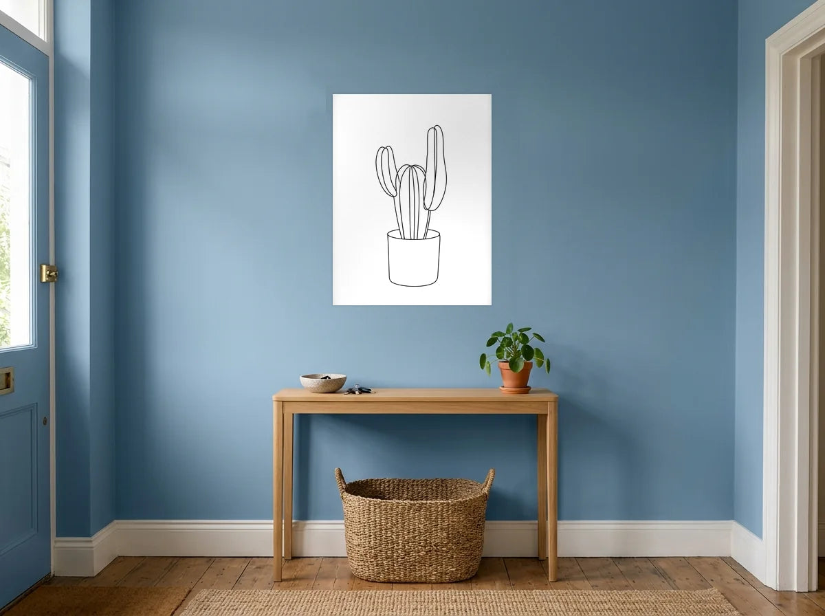 Poster Cactus au Trait noir et blanc sans cadre, présenté dans une entrée aux murs bleu poudré