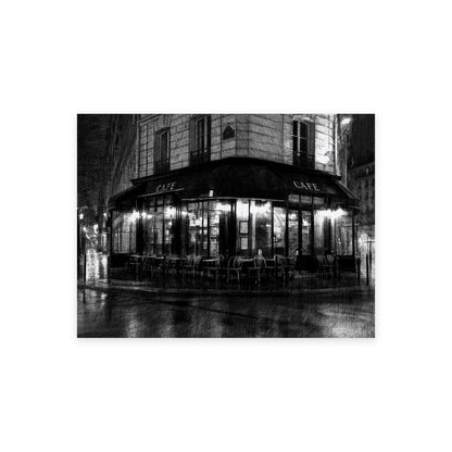 Poster affiche café de rue nocturne noir et blanc présenté seul sur fond blanc
