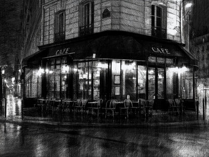 Illustration du poster affiche café de rue nocturne noir et blanc, vue fidèle de l’œuvre complète