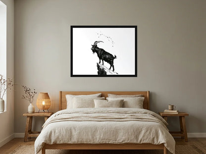 Poster Capricorne des Sommets noir et blanc encadré noir, présenté dans : chambre aux tons lin et grège