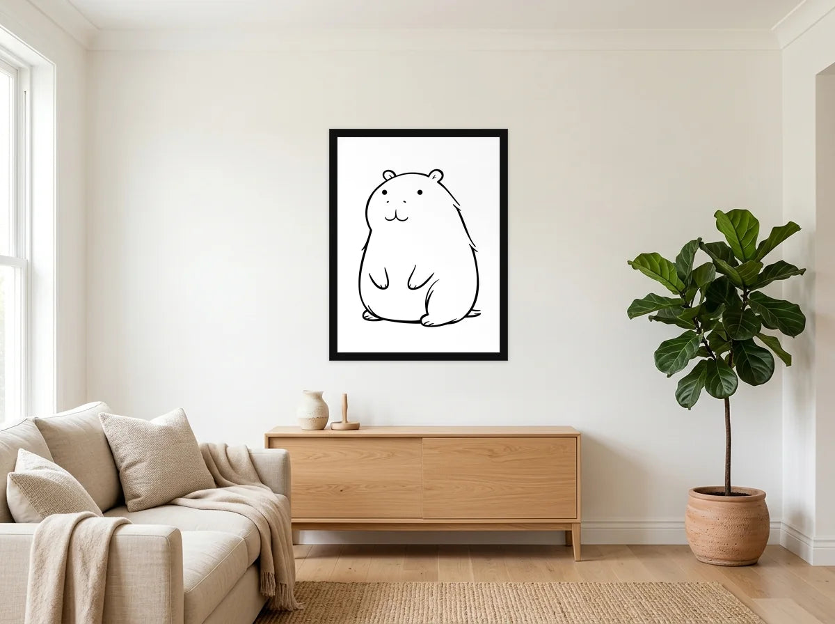 Poster capybara assis noir et blanc encadré noir, présenté dans un salon blanc chaleureux et bois clair