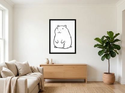 Poster capybara assis noir et blanc encadré noir, présenté dans un salon blanc chaleureux et bois clair