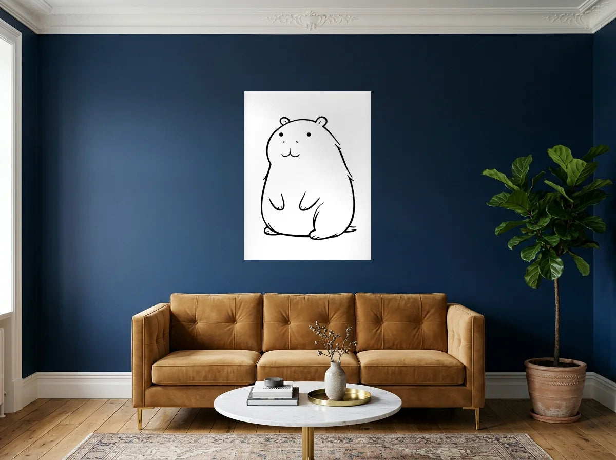 Poster capybara assis noir et blanc sans cadre, présenté dans un salon aux murs bleu nuit