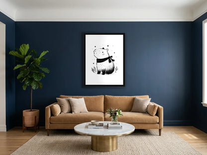 Poster capybara aventurier clair noir et blanc encadré noir, présenté dans un intérieur lumineux