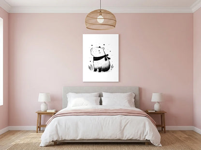 Poster capybara aventurier clair noir et blanc sans cadre, présenté dans un intérieur coloré