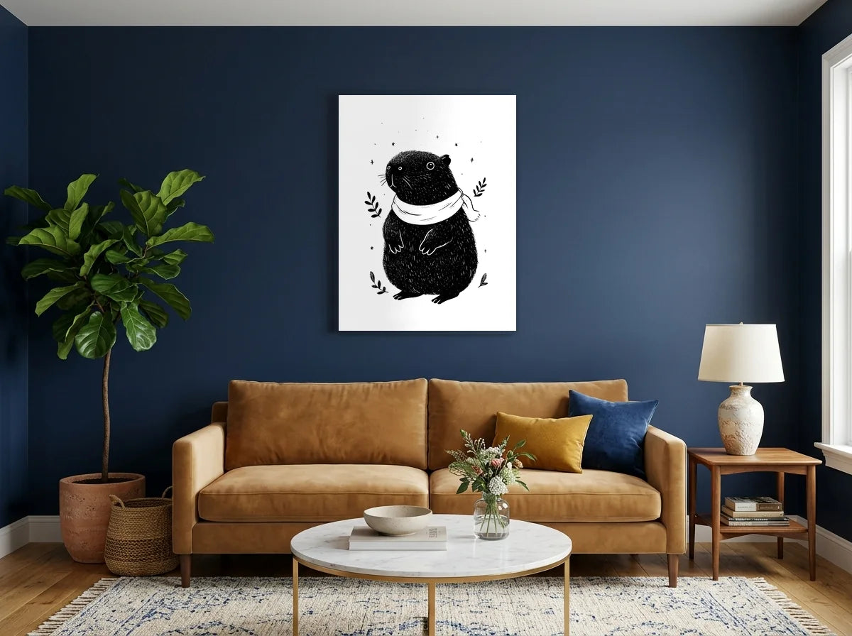 Poster capybara aventurier noir noir et blanc sans cadre, présenté dans un intérieur coloré