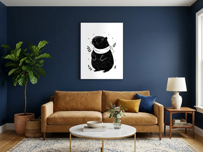 Poster capybara aventurier noir noir et blanc sans cadre, présenté dans un intérieur coloré