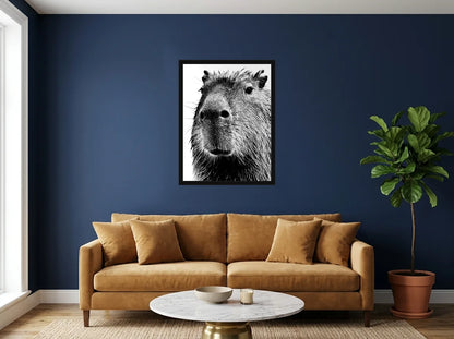 Poster capybara en gros plan noir et blanc encadré noir, présenté dans un salon aux murs bleu nuit