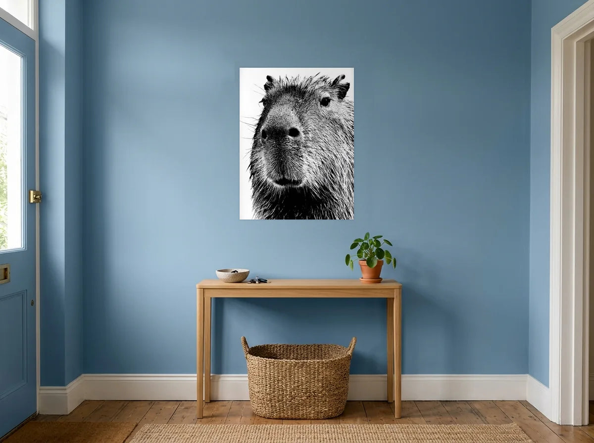 Poster capybara en gros plan noir et blanc sans cadre, présenté dans une entrée aux murs bleu poudré