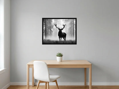Poster Affiche Cerf dans la Brume noir et blanc encadré noir, présenté dans : bureau gris clair lumineux