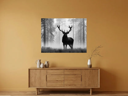 Poster Affiche Cerf dans la Brume noir et blanc sans cadre, présenté dans : salle à manger aux murs ocre